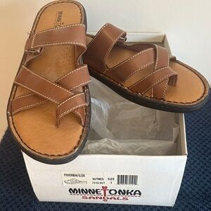 Minnetonka Brown Leather Fisherman Slide Sandals
